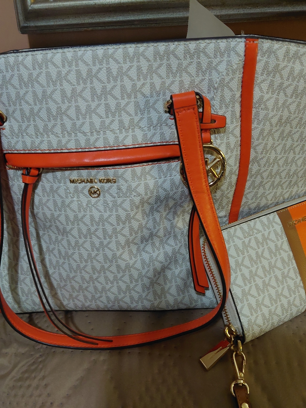 Michael Kors White & Orange Signature Tote Bag